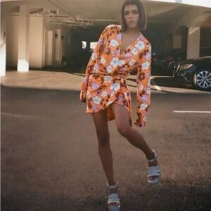 Zara Floral Satin Wrap Dress with Long Sleeves